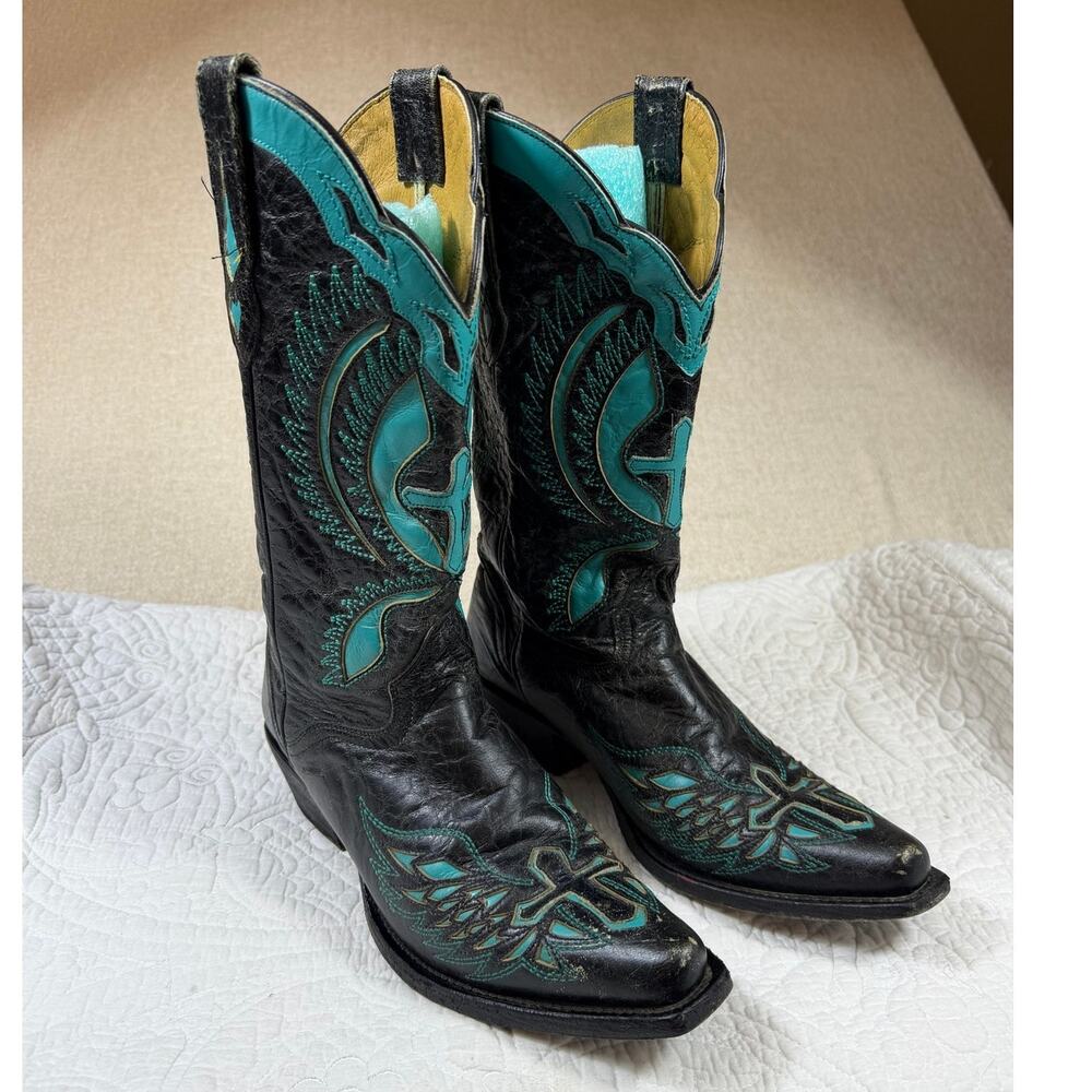 JB Dillon Women's 8.5B Black/Blue Goat Skin Winged Gem Western Leather Boots